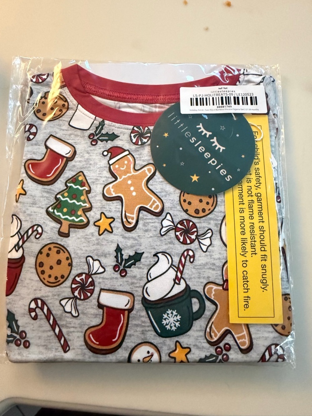 Little Sleepies Gray Holiday Cookie & Cocoa Print Pajama Top with Red Trim